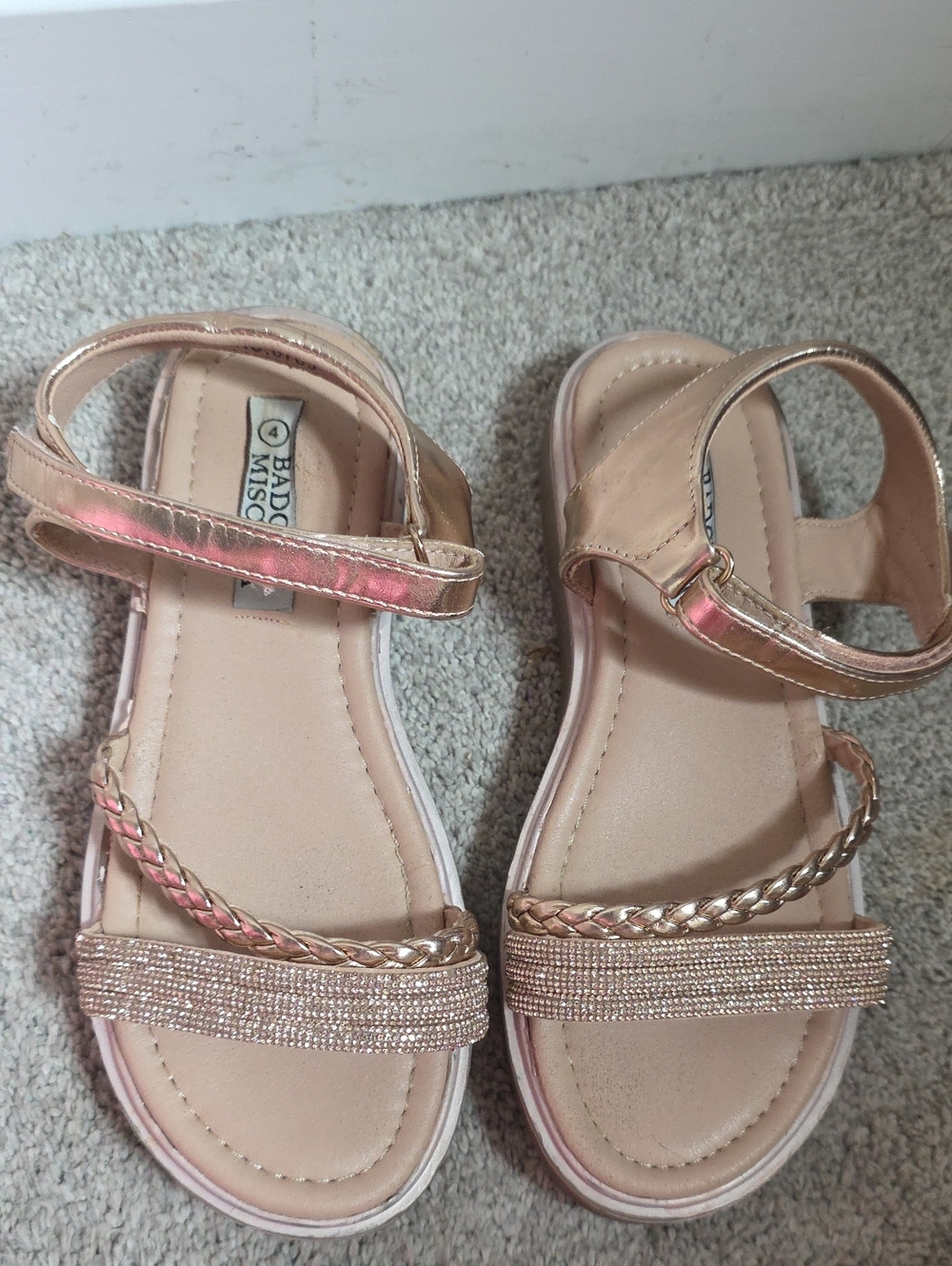 Badgley Mischka Kids Rose Gold Braided & Beaded Strap Sandals